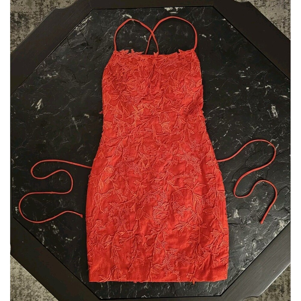 Loyeloy Red Lace Mini Dress Corset Open Back Strappy Prom Homecoming Formal XS 2